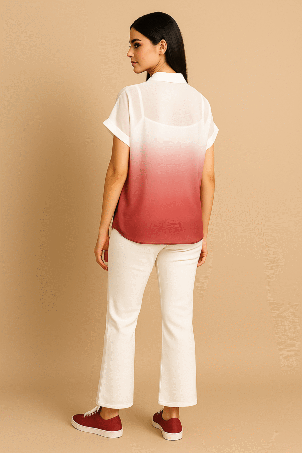 Model wearing Sunset Ombre Flow Shirt with white pants and sneakers