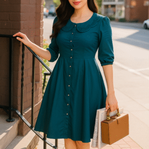 Woman in teal flare dress with embroidered collar and pearl buttons standing outdoors
