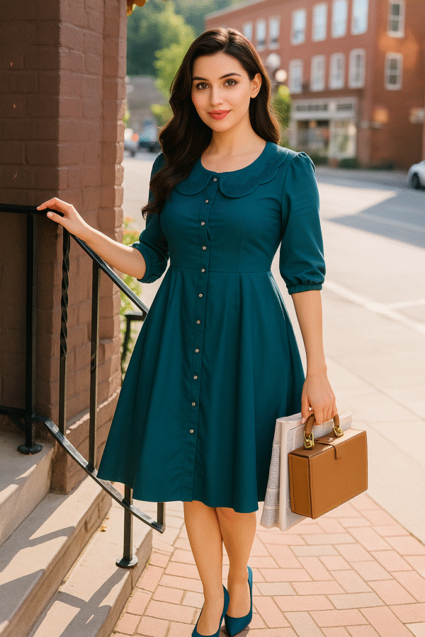 Woman in teal flare dress with embroidered collar and pearl buttons standing outdoors