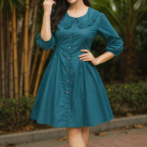 Woman in teal flare dress with embroidered collar and pearl buttons standing outdoors