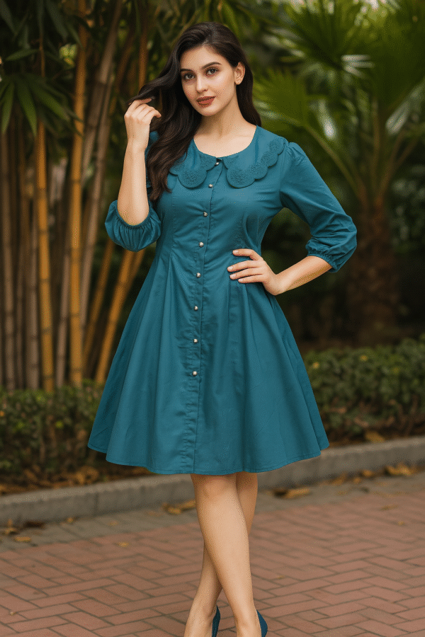 Woman in teal flare dress with embroidered collar and pearl buttons standing outdoors