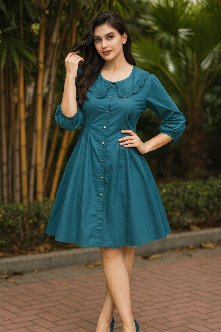 Woman in teal flare dress with embroidered collar and pearl buttons standing outdoors