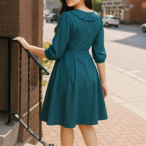 Woman in teal flare dress with embroidered collar and pearl buttons standing outdoors