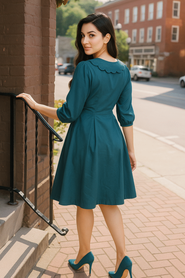 Woman in teal flare dress with embroidered collar and pearl buttons standing outdoors