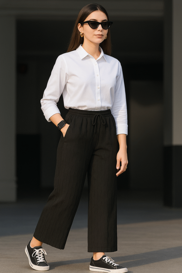 Women’s black wide-leg casual drawstring pants
