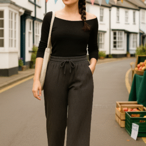 Women’s charcoal grey wide-leg drawstring pants with wave texture
