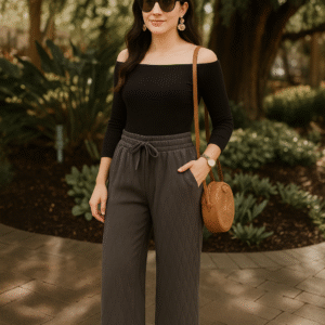 Women’s charcoal grey wide-leg drawstring pants with wave texture