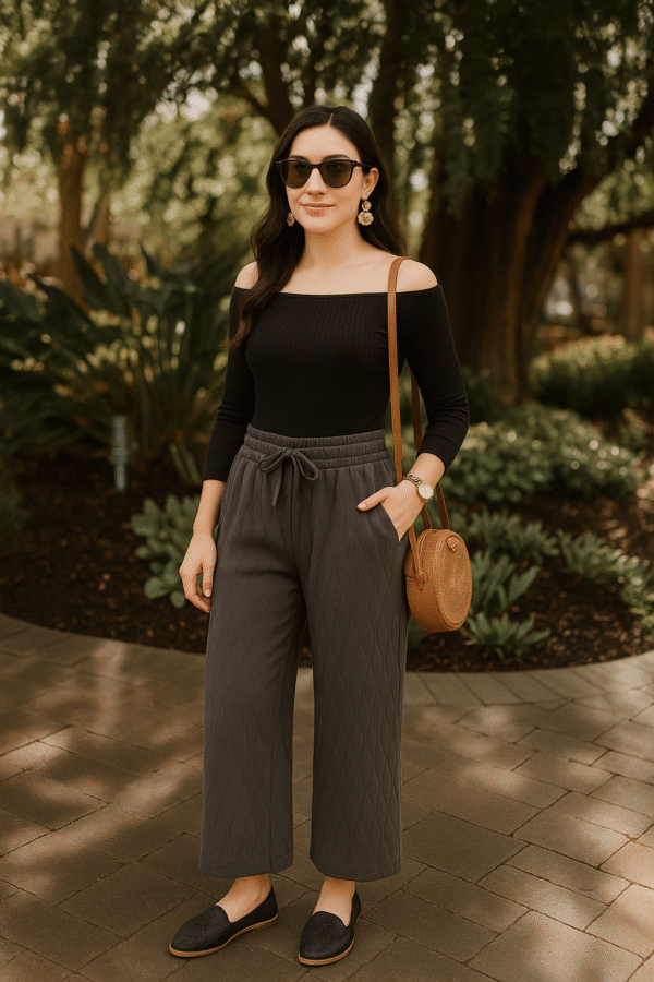 Women’s charcoal grey wide-leg drawstring pants with wave texture