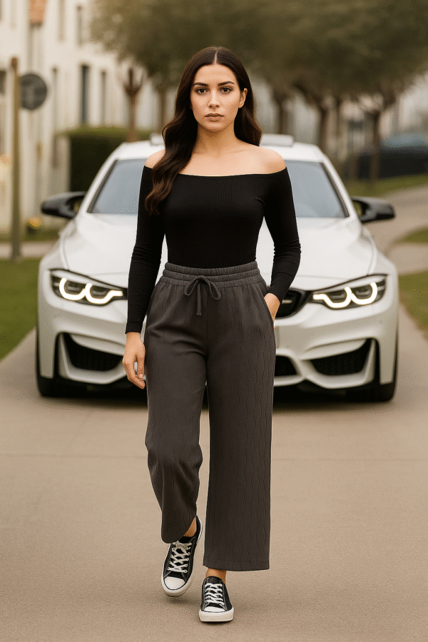 Women’s charcoal grey wide-leg drawstring pants with wave texture
