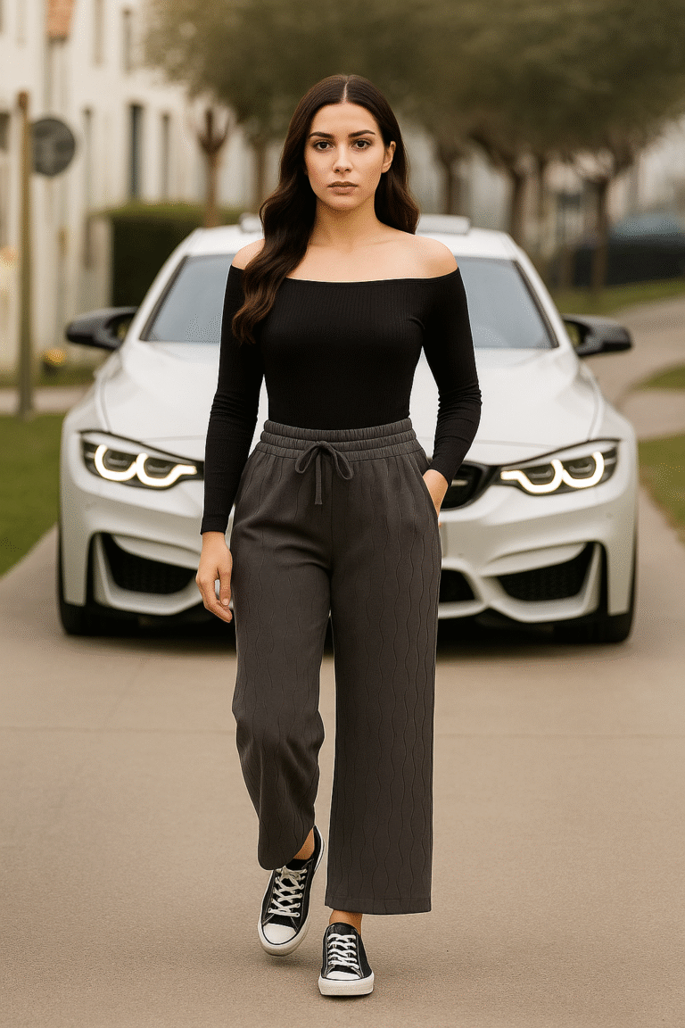 Women’s charcoal grey wide-leg drawstring pants with wave texture