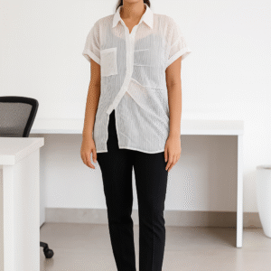 White short-sleeve sheer button-down shirt for women