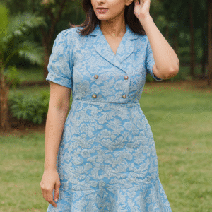 Front view of Azure Charm Korean Fit & Flare Dress in blue floral jacquard