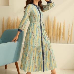 Azure Meadow Button-Down Maxi Dress on model, smiling and posing