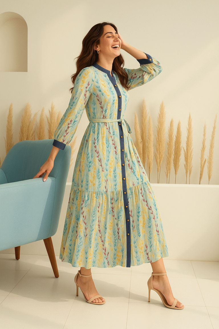 Azure Meadow Button-Down Maxi Dress on model, smiling and posing