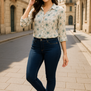 Woman wearing pastel floral shirt with pearl button detail