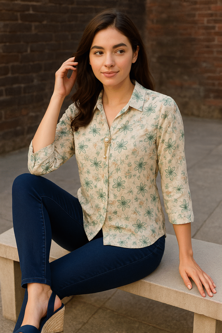 Woman wearing pastel floral shirt with pearl button detail