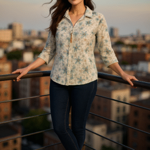 Woman wearing pastel floral shirt with pearl button detail