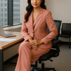 Woman wearing blush pink office co-ord set