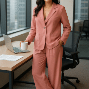 Woman wearing blush pink office co-ord set