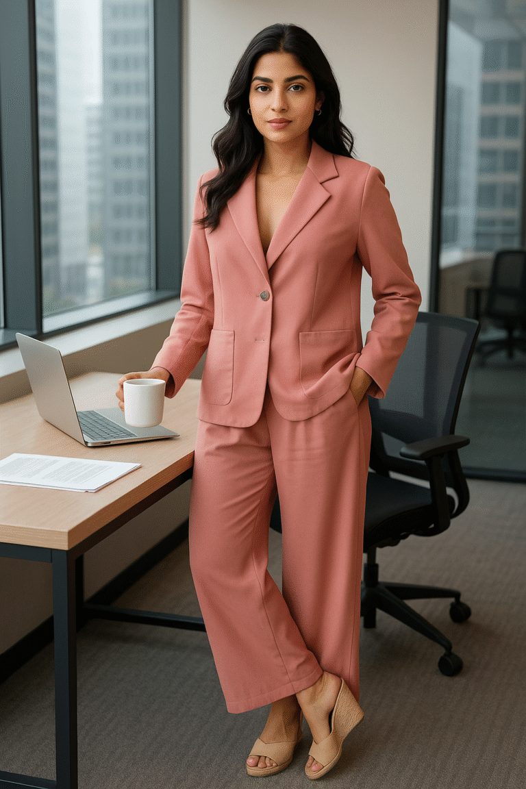 Woman wearing blush pink office co-ord set