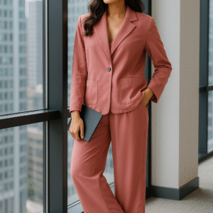 Woman wearing blush pink office co-ord set