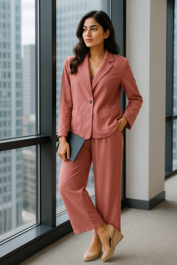 Woman wearing blush pink office co-ord set