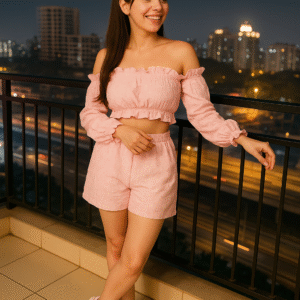 Blush pink Korean co-ord set with off-shoulder crop top and shorts
