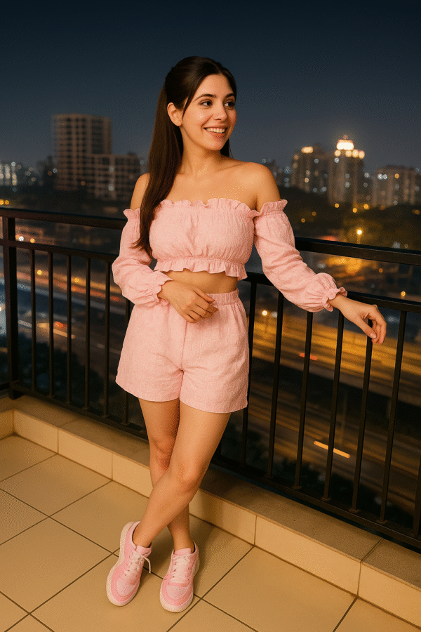 Blush pink Korean co-ord set with off-shoulder crop top and shorts