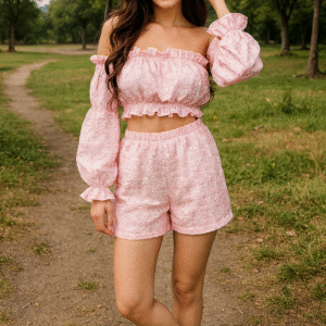 Blush pink Korean co-ord set with off-shoulder crop top and shorts