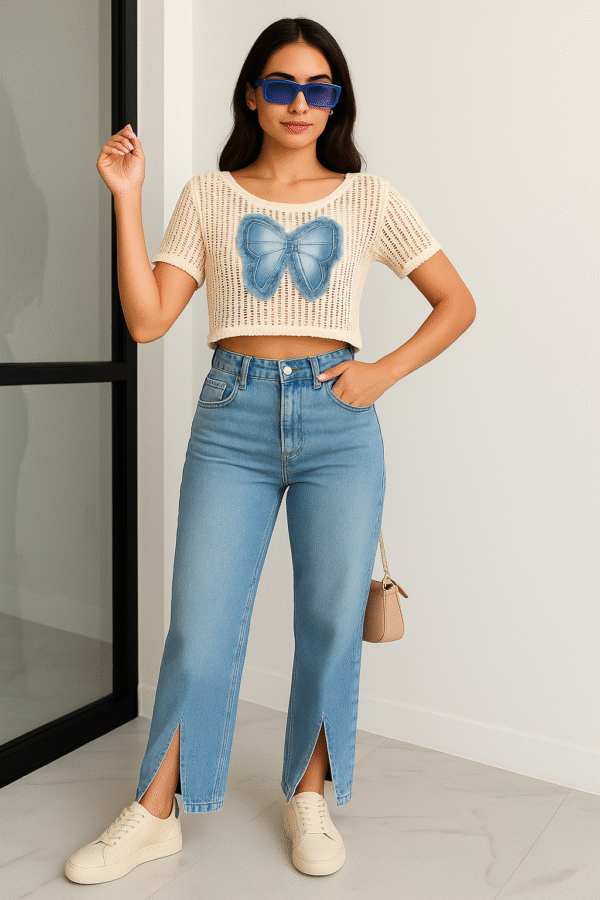 Model wearing net crop top with denim bow paired with high-waist jeans and sneakers
