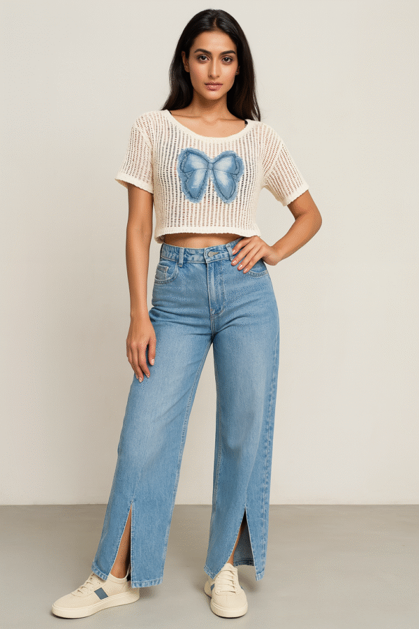 Model wearing net crop top with denim bow paired with high-waist jeans and sneakers