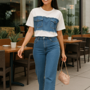 women’s white tshirt with raw-edged denim panel and twin flap pockets