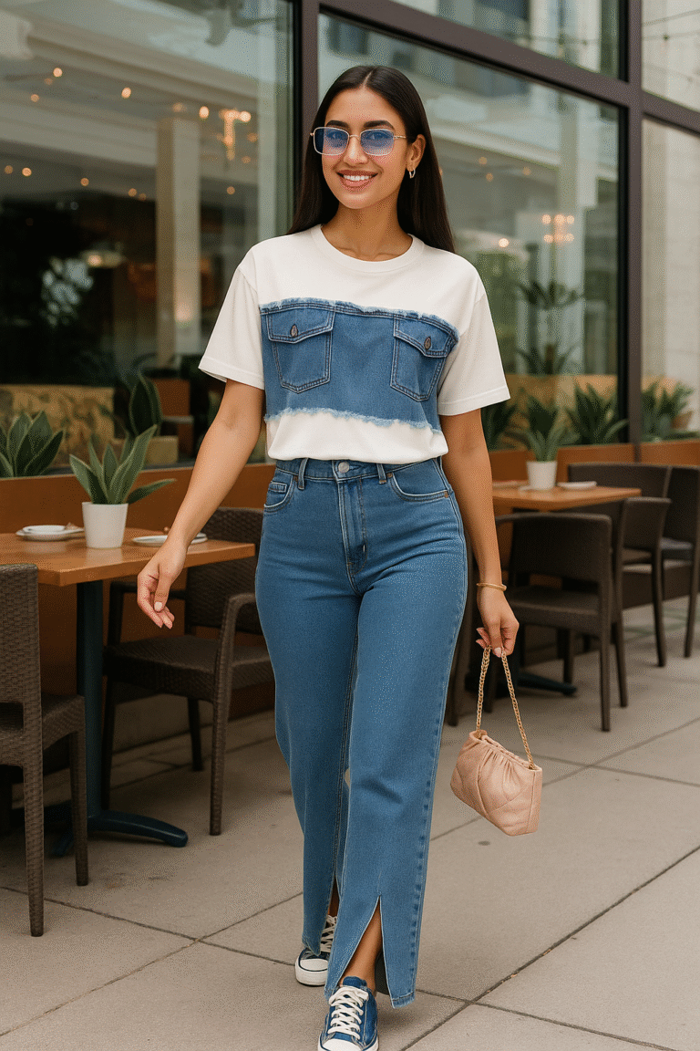 women’s white tshirt with raw-edged denim panel and twin flap pockets