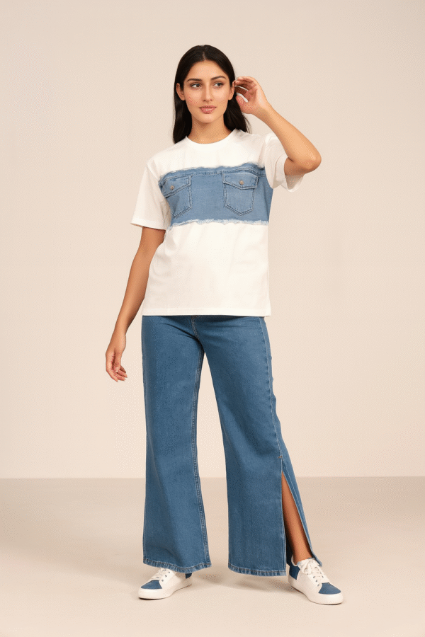 women’s white tshirt with raw-edged denim panel and twin flap pockets
