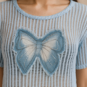 Stylish denim bow applique net top for women – summer casual wear