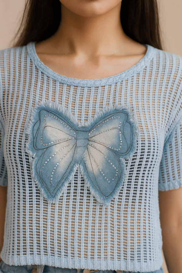 Stylish denim bow applique net top for women – summer casual wear