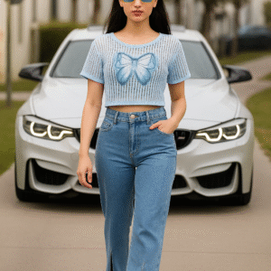 Stylish denim bow applique net top for women – summer casual wear