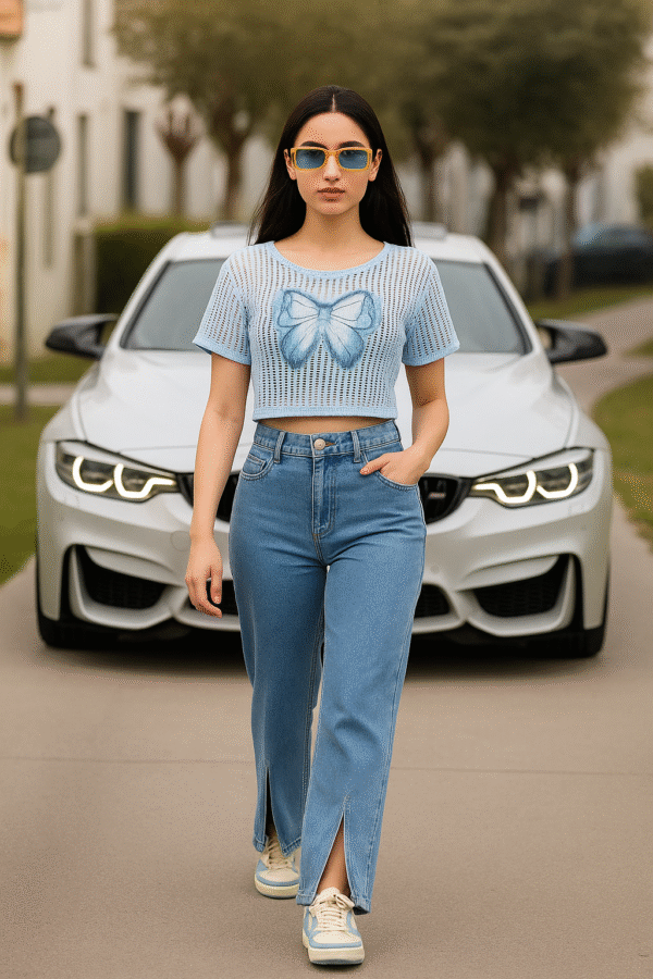 Stylish denim bow applique net top for women – summer casual wear