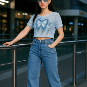 Stylish denim bow applique net top for women – summer casual wear