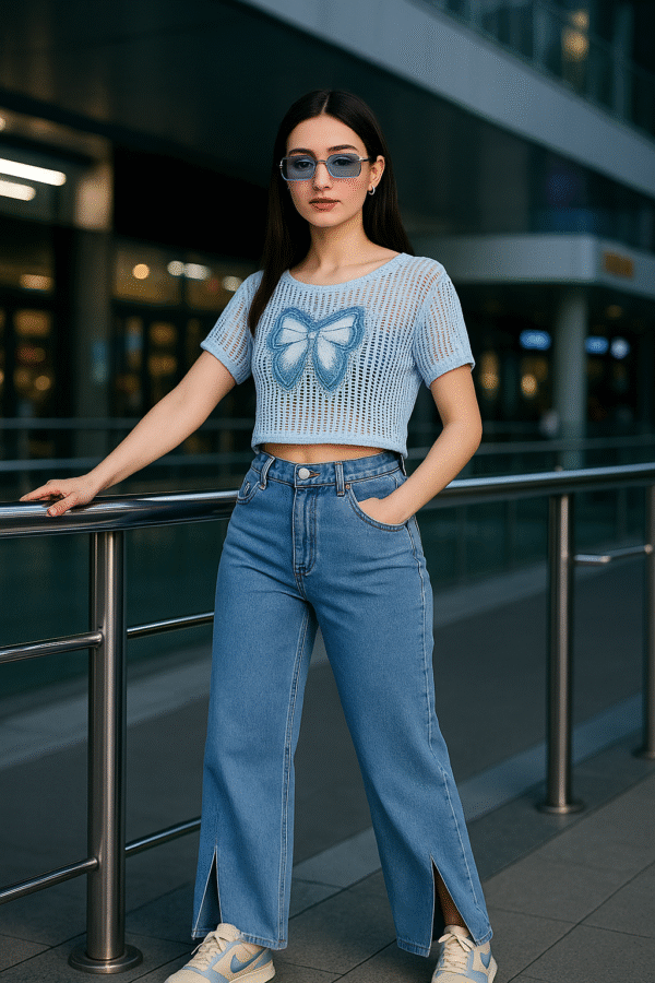 Stylish denim bow applique net top for women – summer casual wear