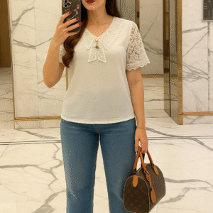 woman wearing Korean lace top with jeans