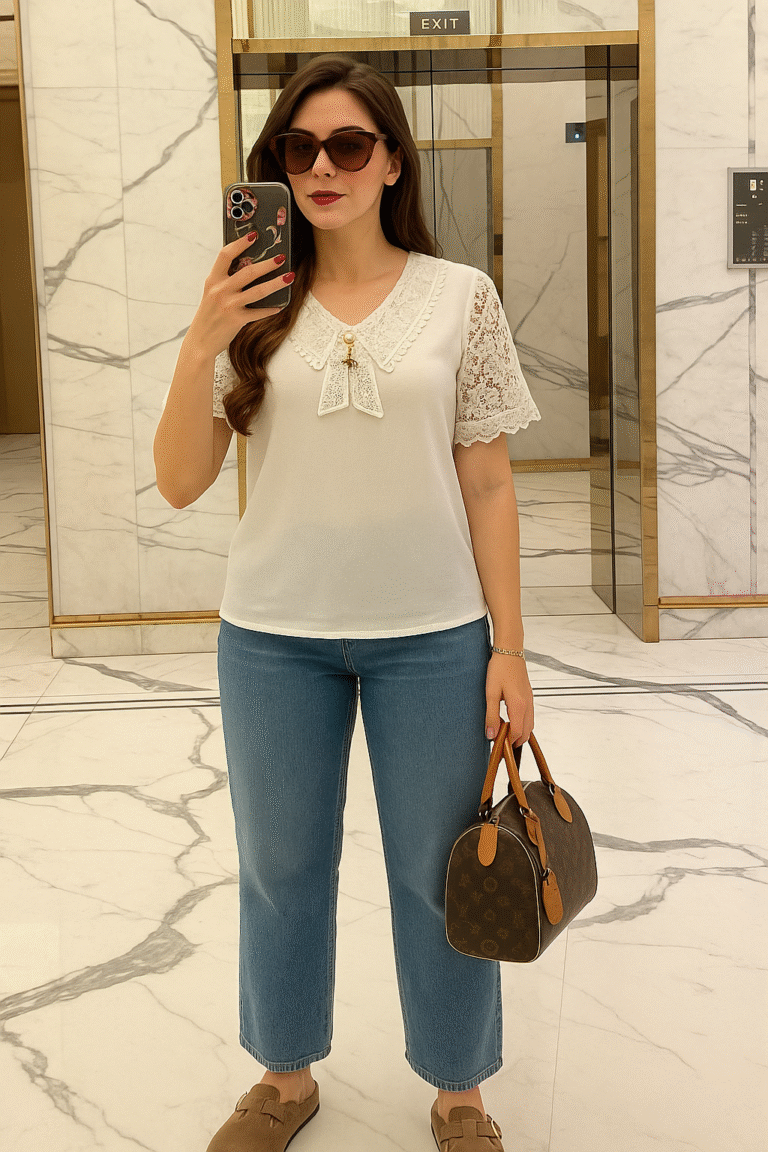 woman wearing Korean lace top with jeans