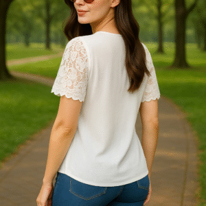 woman wearing Korean lace top with jeans