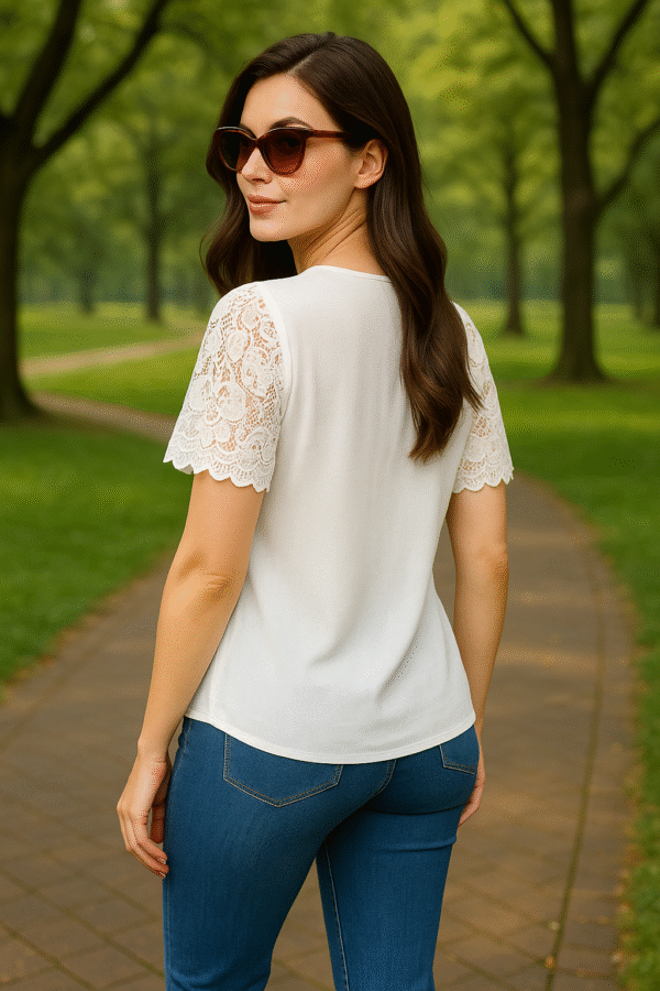 woman wearing Korean lace top with jeans