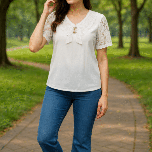 woman wearing Korean lace top with jeans