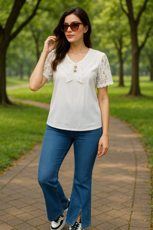 woman wearing Korean lace top with jeans