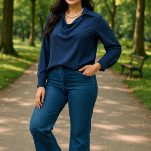 Woman wearing navy drape collar top with detachable pearl necklace