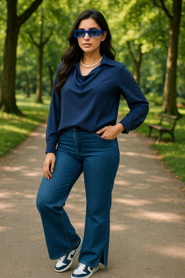 Woman wearing navy drape collar top with detachable pearl necklace