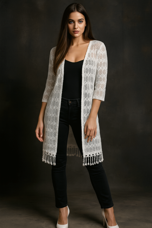 model wearing white crochet shrug with black outfit