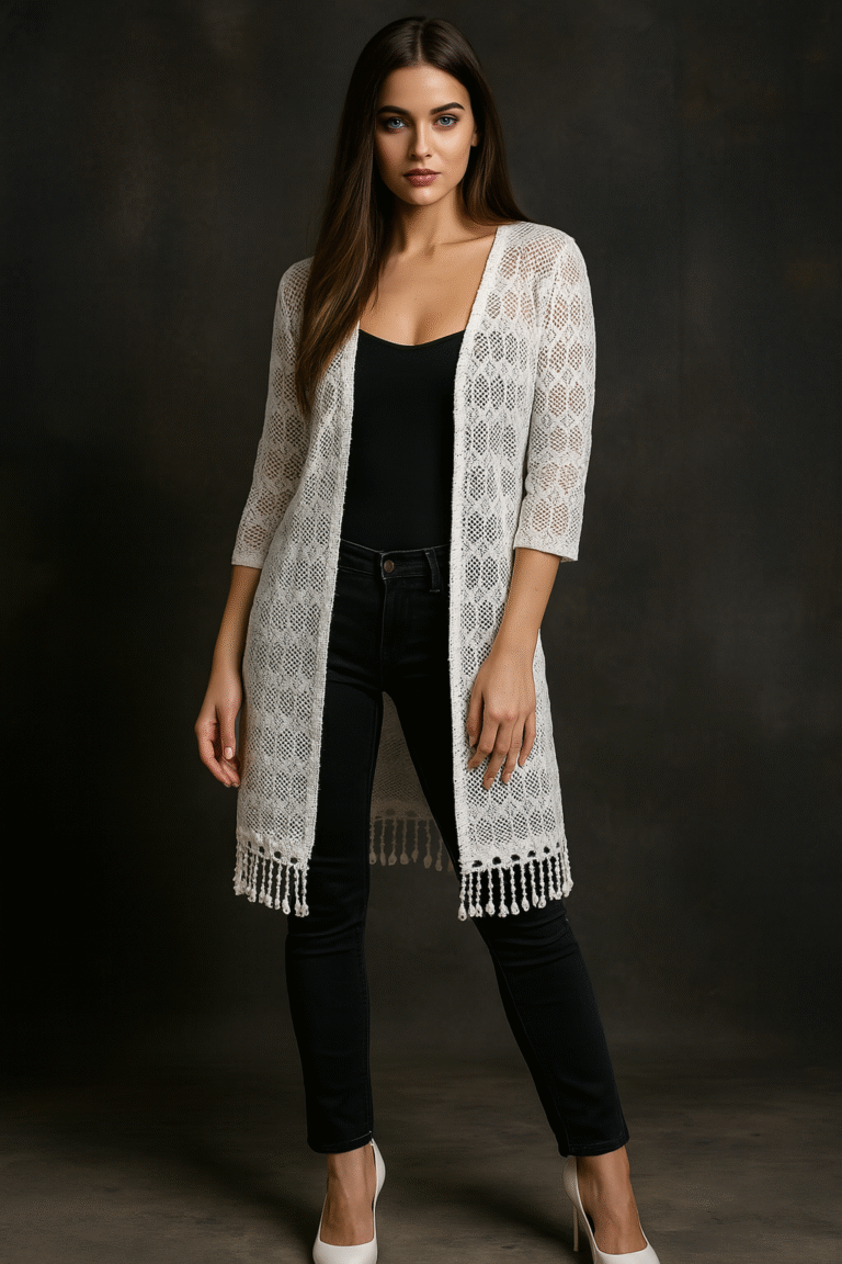 model wearing white crochet shrug with black outfit